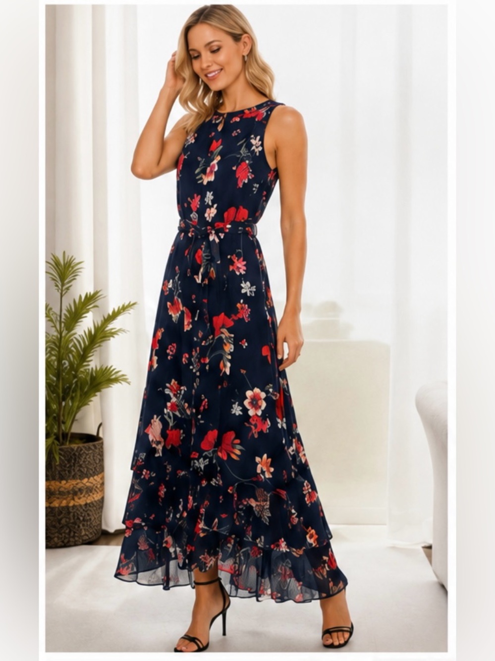Calvin Klein Navy Maxi Dress with Red Floral Print